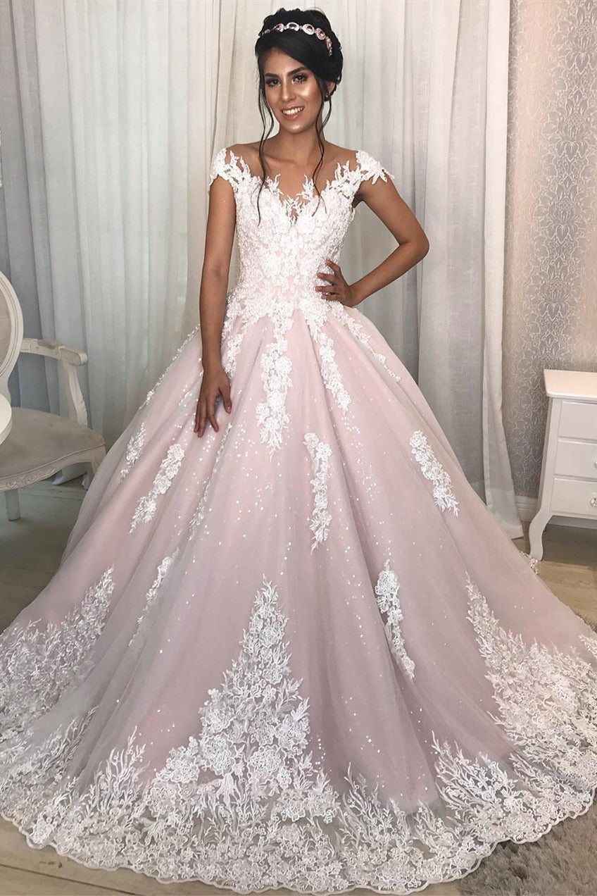 wedding dress pink lace Princess Cap Sleeves A-line Long Pink Wedding Dress with Lace