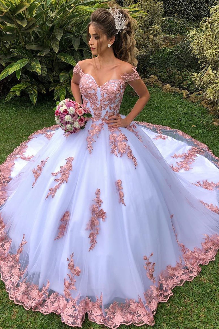pink dress with white lace White Pink A Line Wedding Dress Lace Appliques Open Back Romantic Bridal  Gown