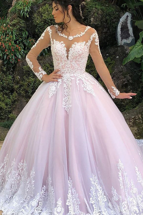 pink winter wedding dresses Blush Pink A-Line Wedding Dress with V-Neckline and Tulle Layers