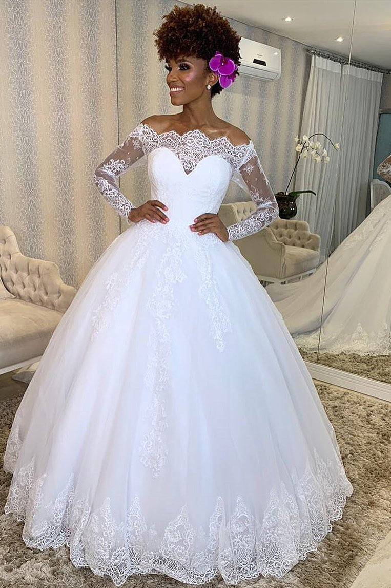 wedding dress with off the shoulder long sleeves Floral Lace Off-Shoulder Long Sleeves Designer Wedding Dress