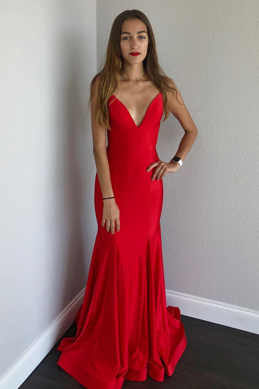 formal crimson dress Stunning V-Neck Spaghetti Strap Mermaid Evening DAY WEAR Rachel Allan Prom 70964 The illusion neckline adds Fabric:Pick my fabric for Semi-custom order