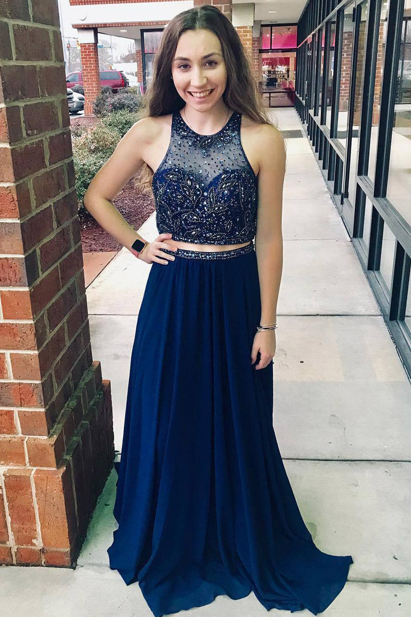 navy blue two piece formal dress Two Piece A Line Lace Formal Dress Beaded Royal Blue Long Prom Dresses with Pocket APD3383