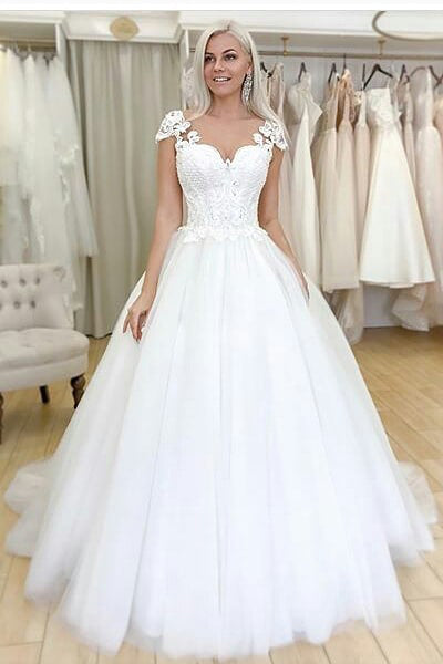 Princess V Neck Cap Sleeve Lace Chiffon Wedding Dresses With Ribbons