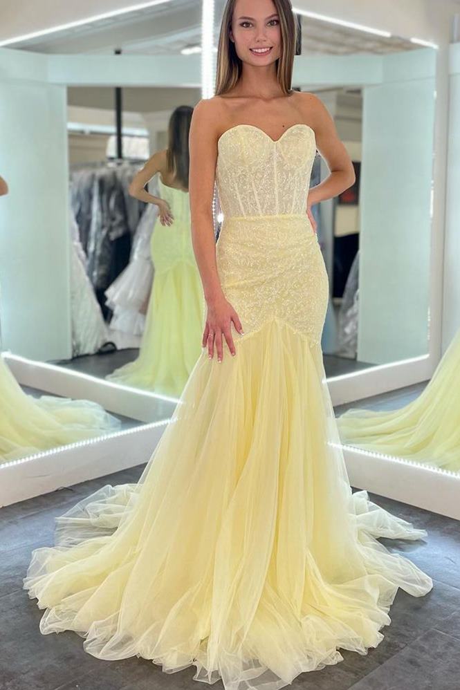 yellow mermaid dress Zapaka Women Long Prom With Slit Strapless Beaded Cut-Out Formal Dress With Lace Up Back, Yellow / US24W capturing the light with every movement Yellow Mermaid Wedding Dress, One