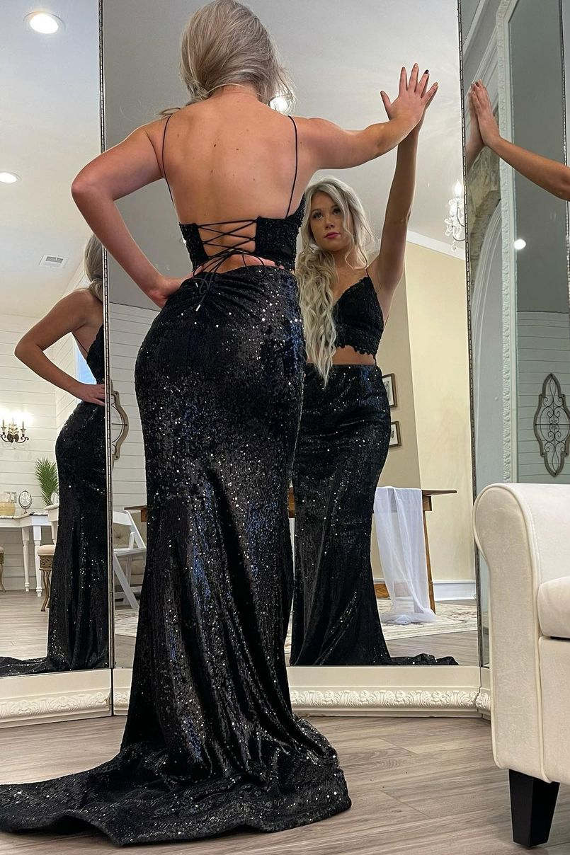 Glitter Two Piece Black Long Prom Dress with Lace Top – FancyVestido
