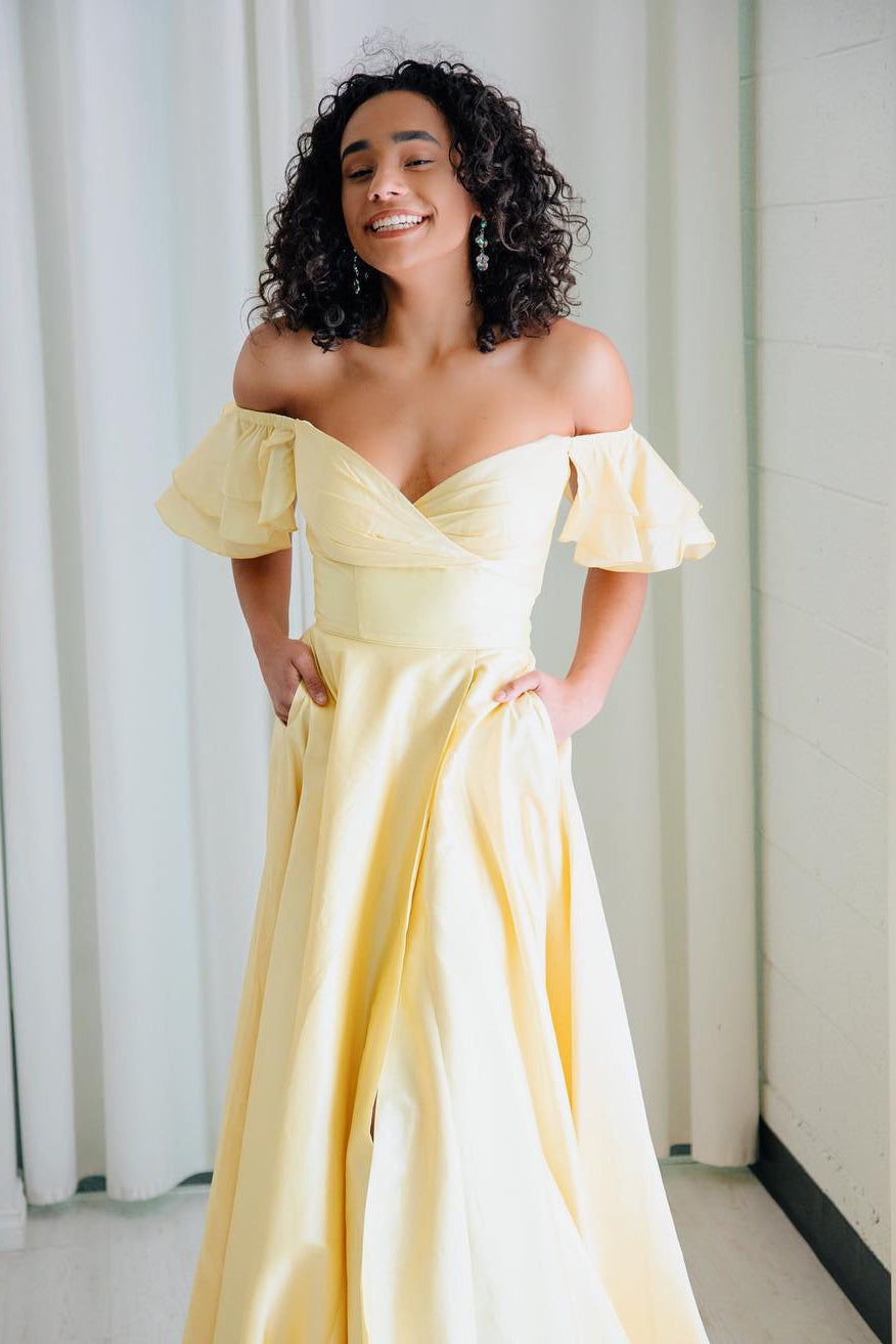 Yellow Satin A-Line Ruffle Off-Shoulder Party Prom Dress FancyVestido Yellow Satin A-Line Ruffle Off-Shoulder Party Prom Dress FancyVestido