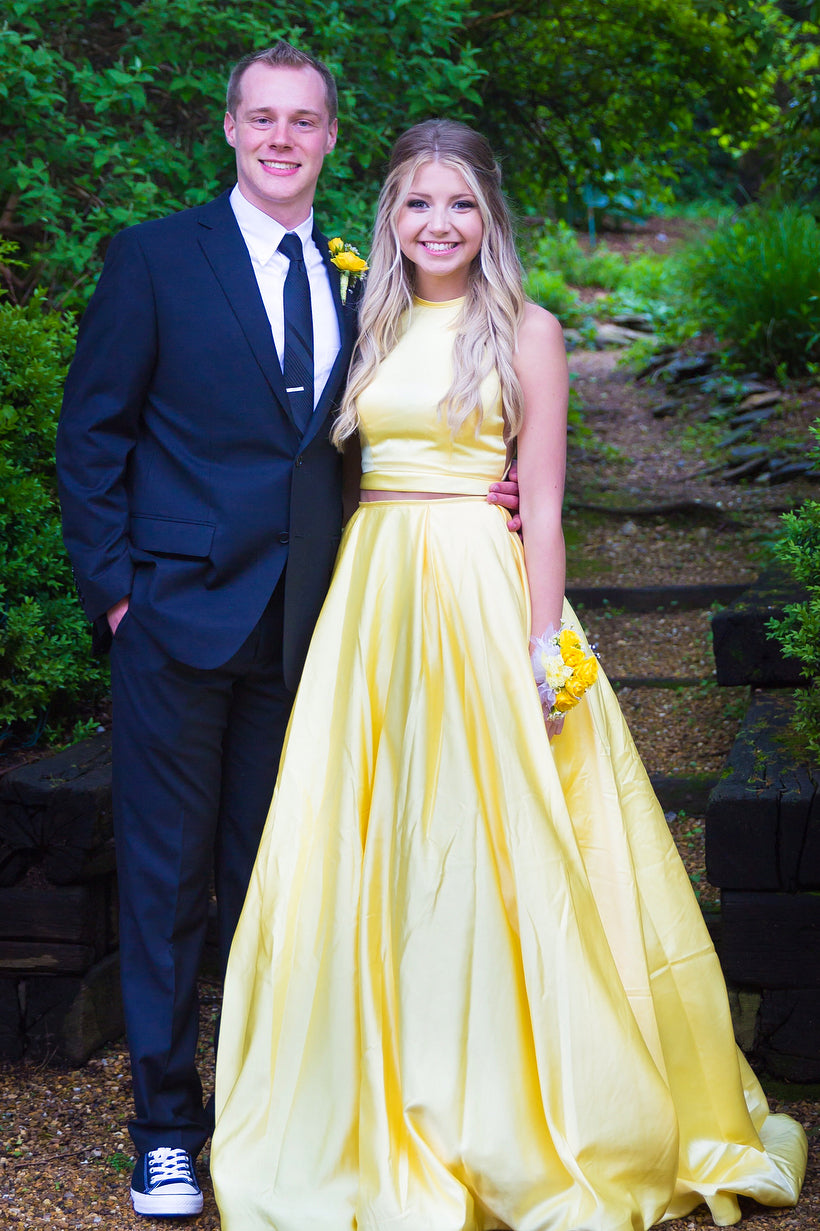 Two Piece High Neck Long Daffodil Prom Dress
