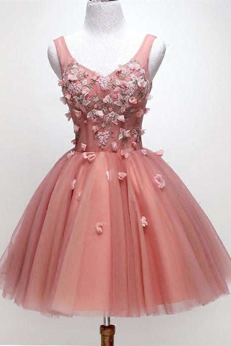 Plunging V-Neck Flower Appliqued Homecoming Dress Blushing Pink