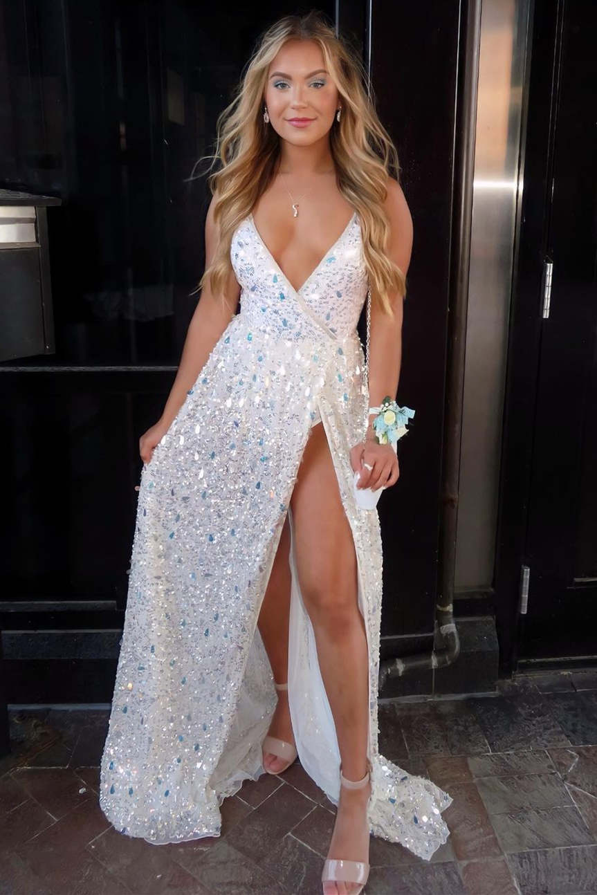 white sequin dress prom Chic Mermaid Long Dresses Sparkly Sequins Long Evening Dres SELINADRESS The dress does not include any accessories in the picture Sexy Deep V-Neck White Sequined