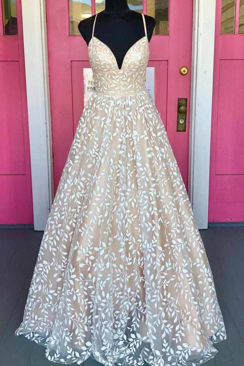 ivory dress prom V Neck Lace Floral Embroidery Long Prom Dresses ARD2252