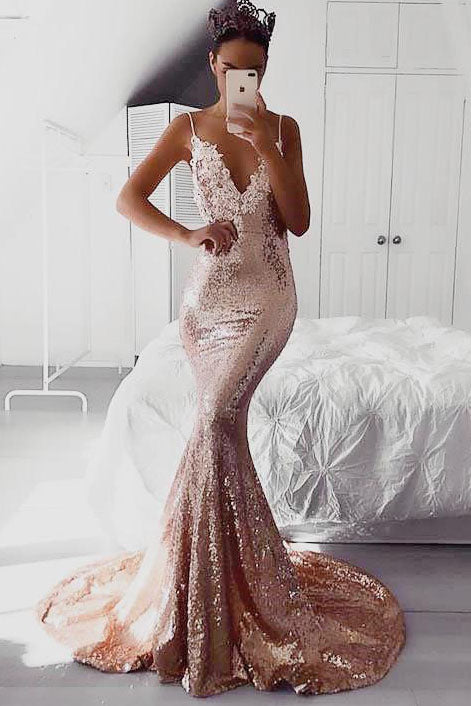 champagne pink mermaid prom dress Gold Sequin Pink Rosette Mermaid Long Train Prom Dress