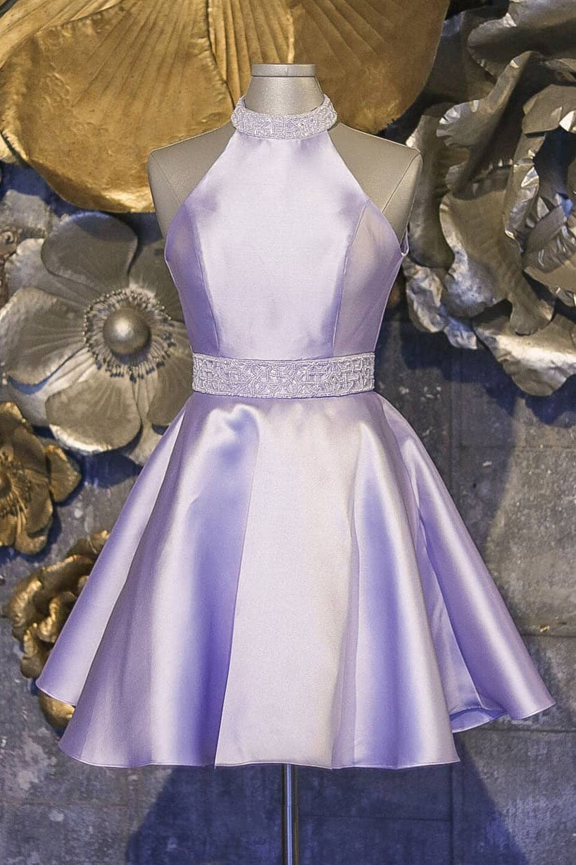 Halter Short Lavender Homecoming Dress with Beading