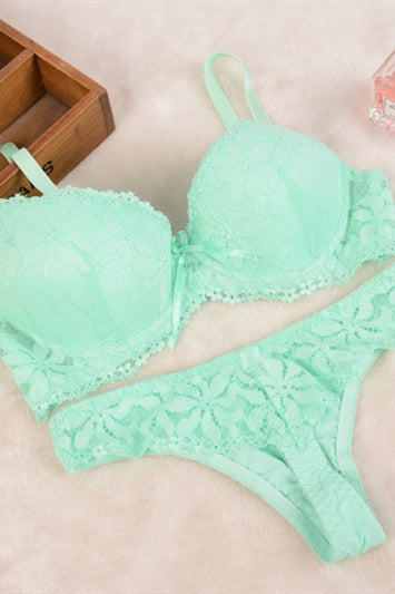 Green Frill Underwired Bra Thong Lingerie Set