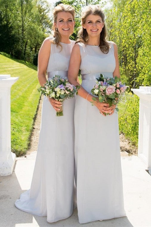 Modest Jewel Silver Long Bridesmaid Dress with Belt FancyVestido Modest Jewel Silver Long Bridesmaid Dress with Belt FancyVestido