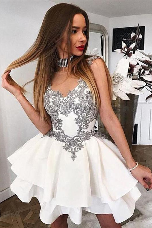 Cute White Illusion Neck Short Homecoming Dress with Appliques