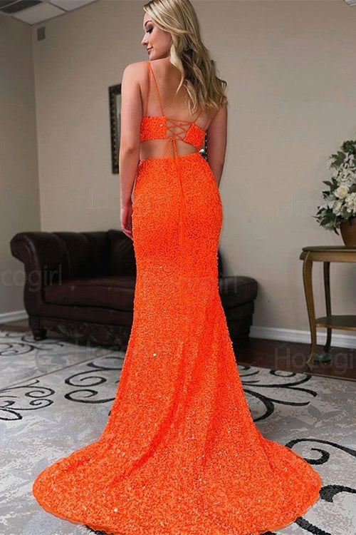 Two Piece Orange Sequins Long Prom Dress