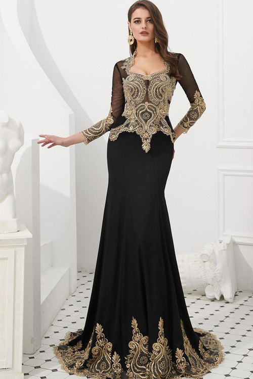 Luxurious Black Long Prom Dress with Champagne Appliques