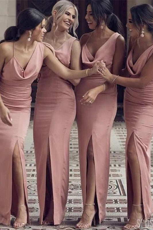 Elegant Blush Pink Cowl Neeck Bridesmaid Dress with Slit
