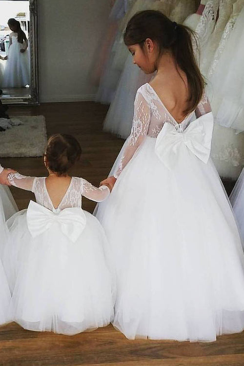 Ball Gown Long Sleeves Flower Girl Dress with Bow