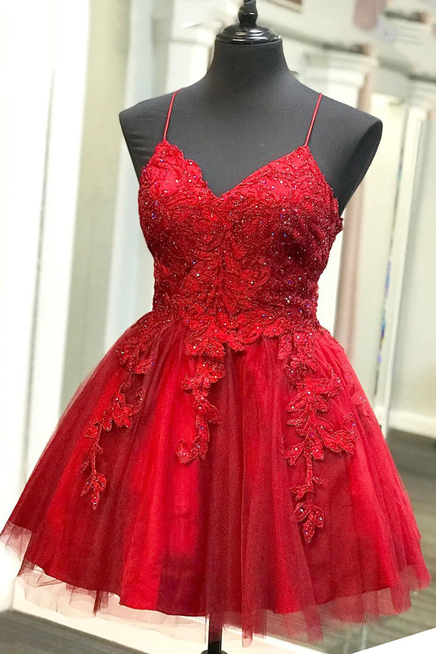 Cute Strapless Red Lace Short Prom Dresses, Red Lace Homecoming