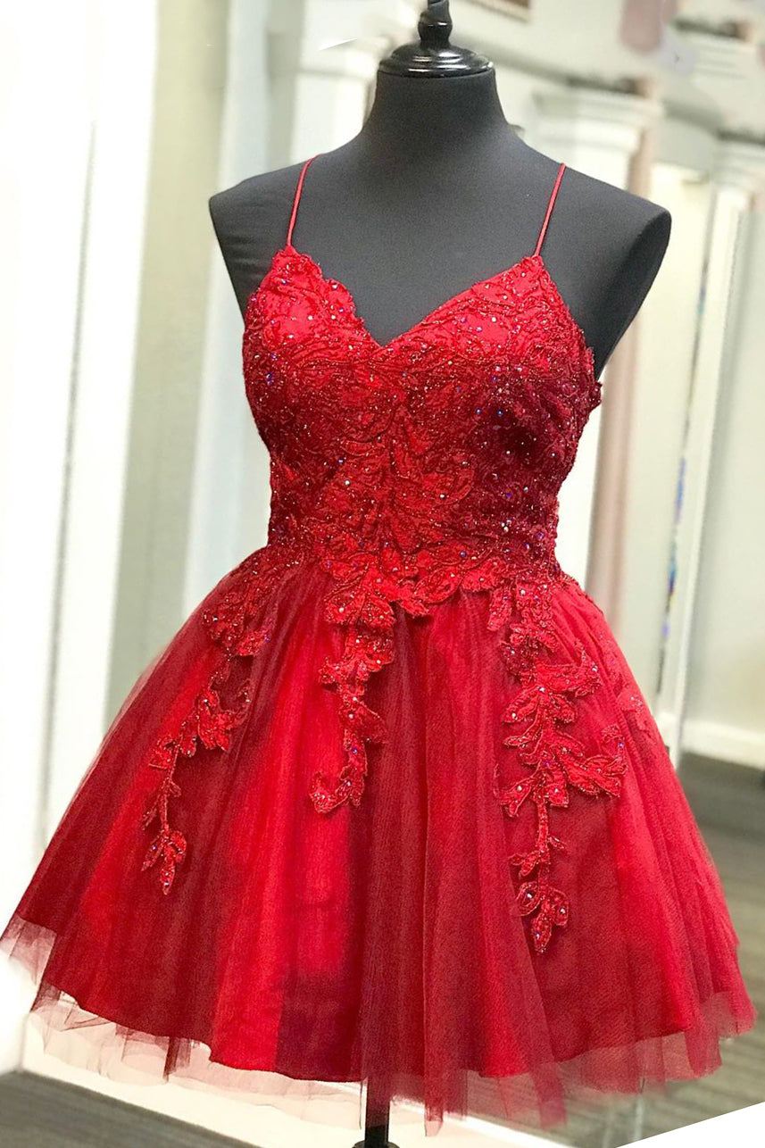 Strappy Lace Appliqued Red Short Homecoming Dress US 12 / Photo Color