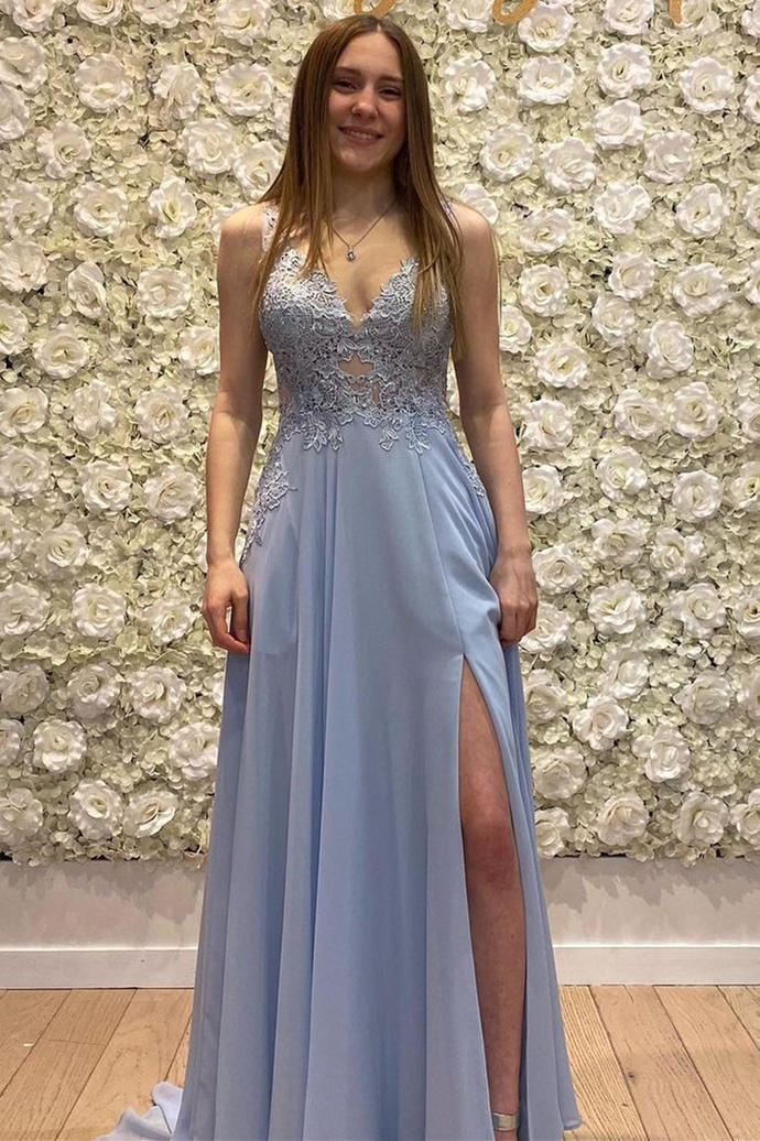 Doublue V-Neck Lilac Appliqued Long Prom Dress
