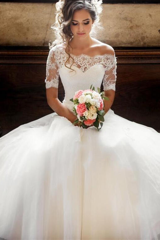 Long A-line Short Sleeves Ivory Wedding Dress with Lace Top