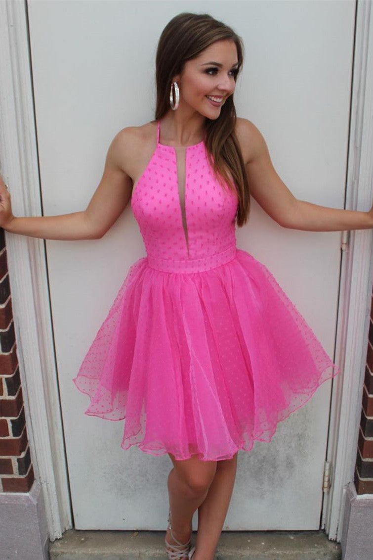 Cute Short Hot Pink Halter Homecoming Dress