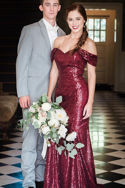 burgundy glitter bridesmaid dress Mermaid Off-Shoulder Sequins Long & Other Stories asymmetric material_Stripe Poplin Pic Color Size:L (9/10)