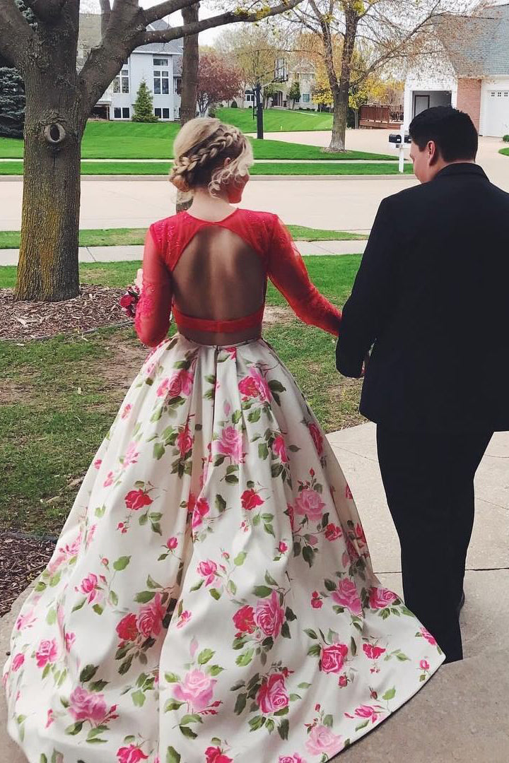 Two Piece Long Sleeves Floral Prom Dress