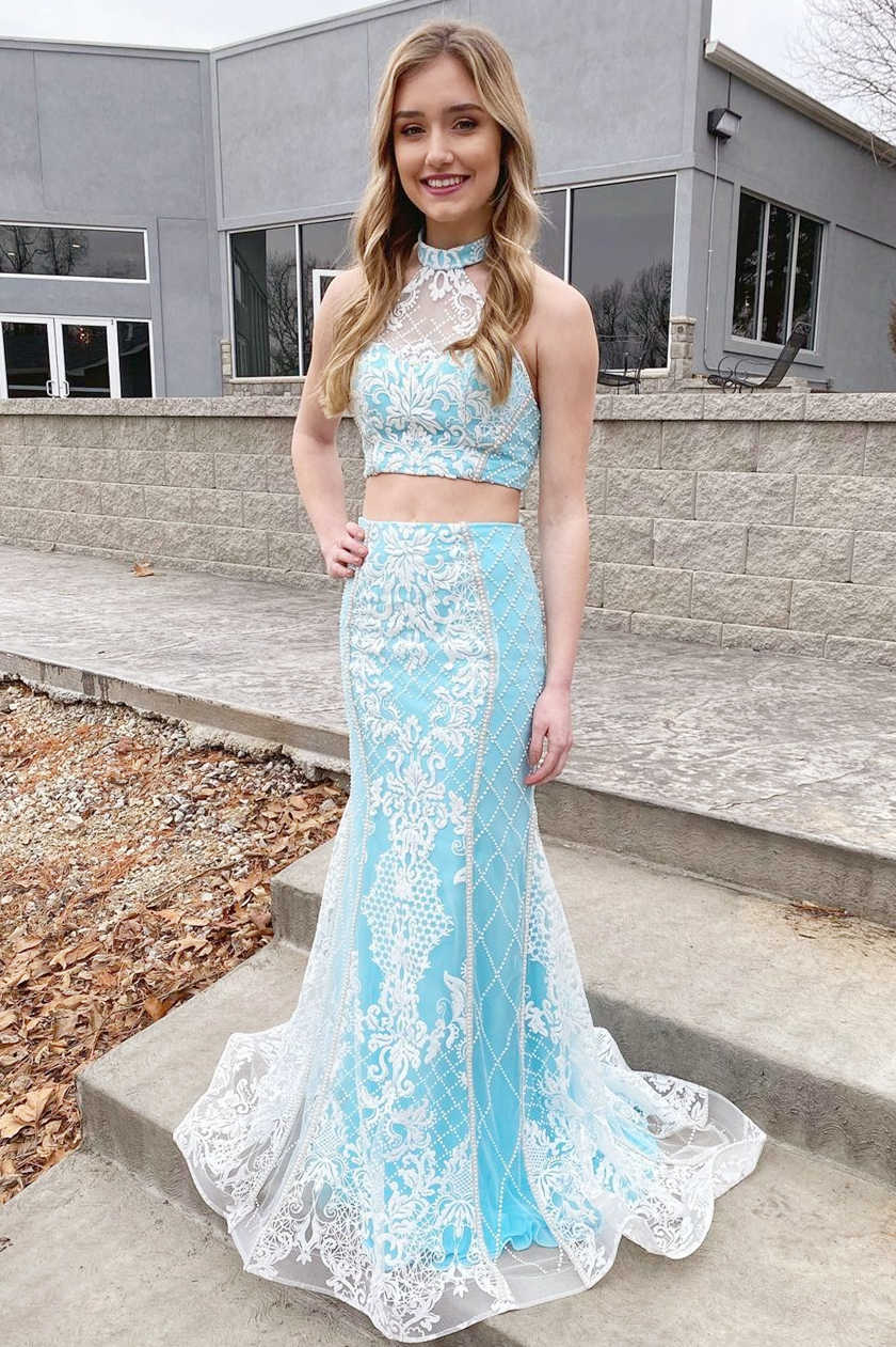 Two Piece Halter Sky Blue Lace Long Prom Dress