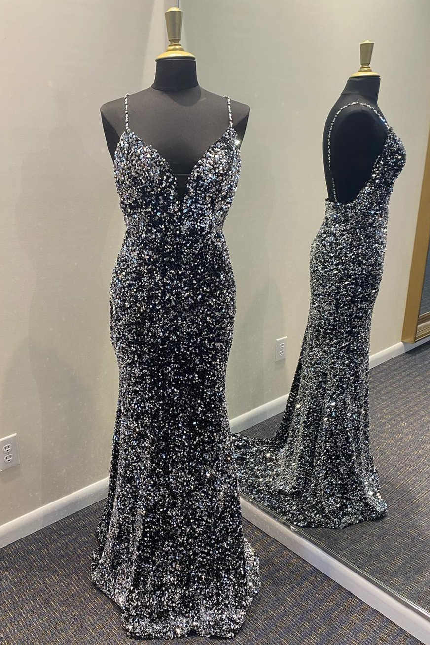 Black Sequins Spaghetti Straps Long Prom Dress