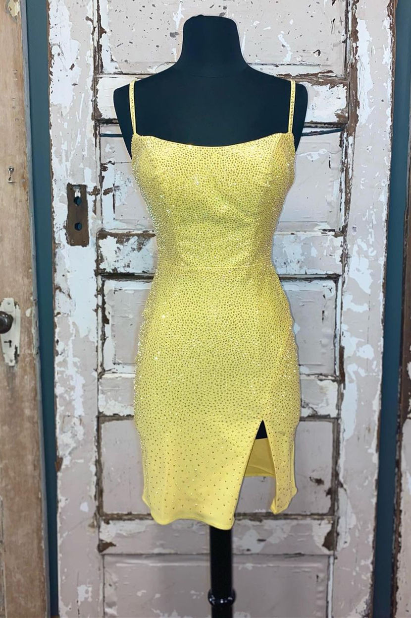 Yellow Tight Short Homecoming Dress with Appliques