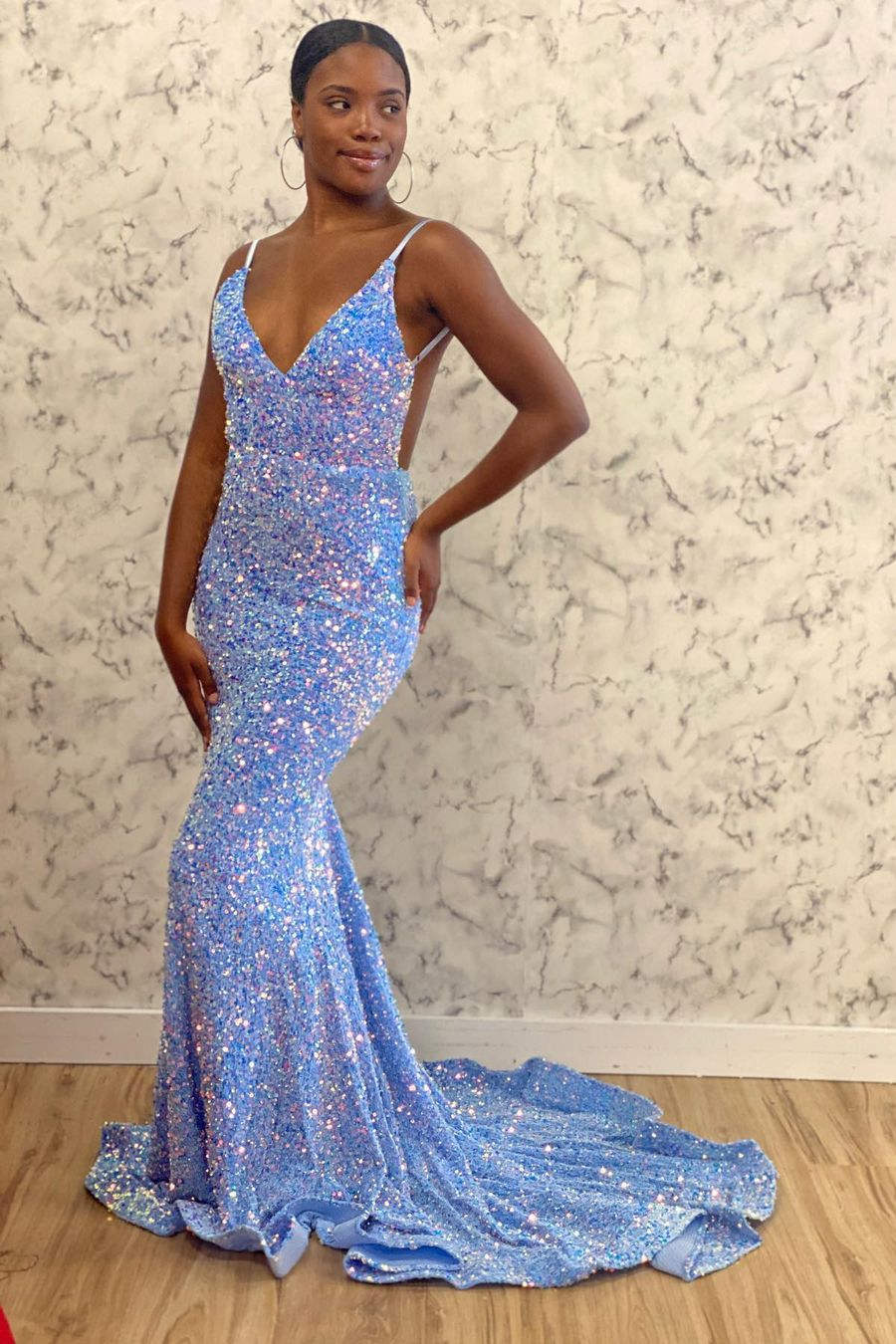 V-Neck Light Blue Sequins Mermaid Long Prom Dress – FancyVestido