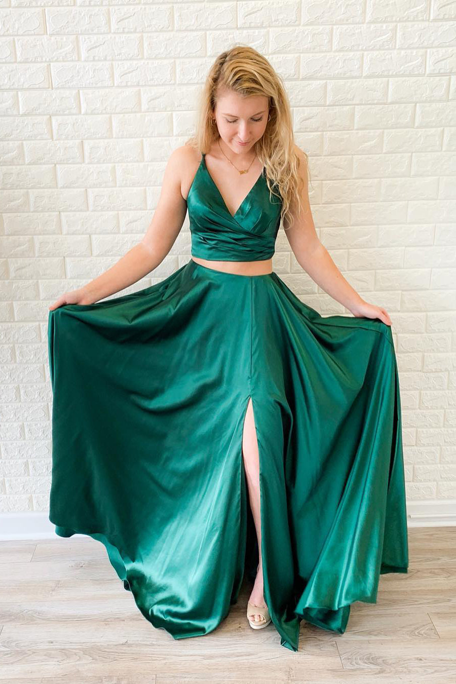 two piece emerald green dress Tie Back Long Prom with Slit sequinsale25