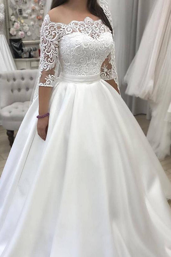 off shoulder half sleeve wedding dress Duntery Off Shoulder Applique Tulle Wedding Dress, Champagne