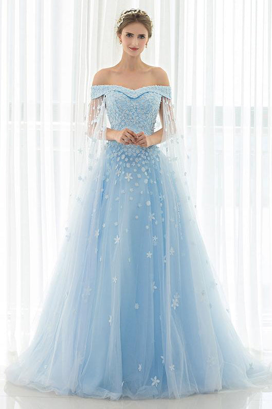 Off Shoulder Appliques Lace-Up Sky Blue Long Prom Dress