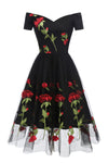Retro Off the Shoulder Tulle Black Party Dress with Flowers