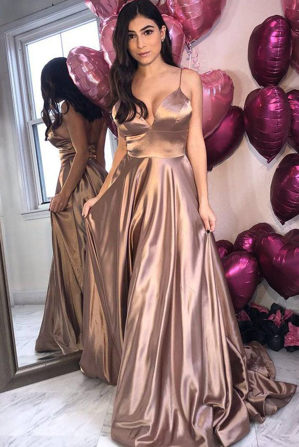 Luxurious Rose Gold Spaghetti Strap Satin Ball Gown