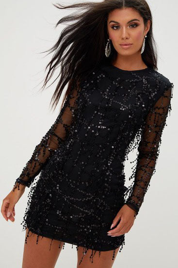 long sleeve short black dress Custom Made Sleeves Prom Dresses, Short Black Long Sl  jbydress and faux pockets elevate the look with just the right amount of sparkle Black Long Sleeve Dresses |