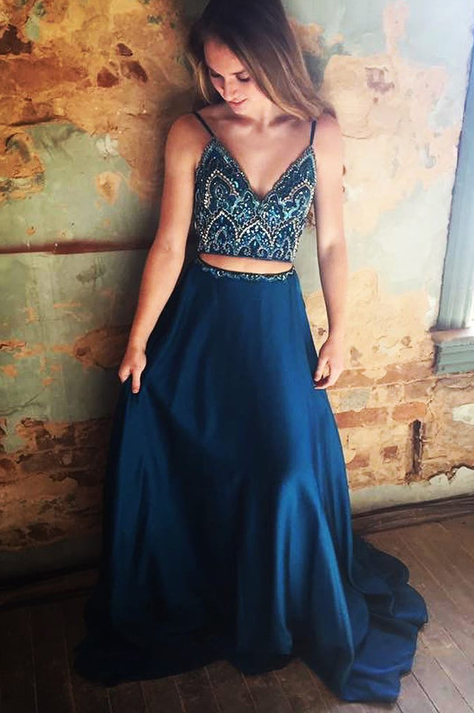 Gorgeous Two Piece Beaded Navy Blue Satin Long Prom Dress – FancyVestido