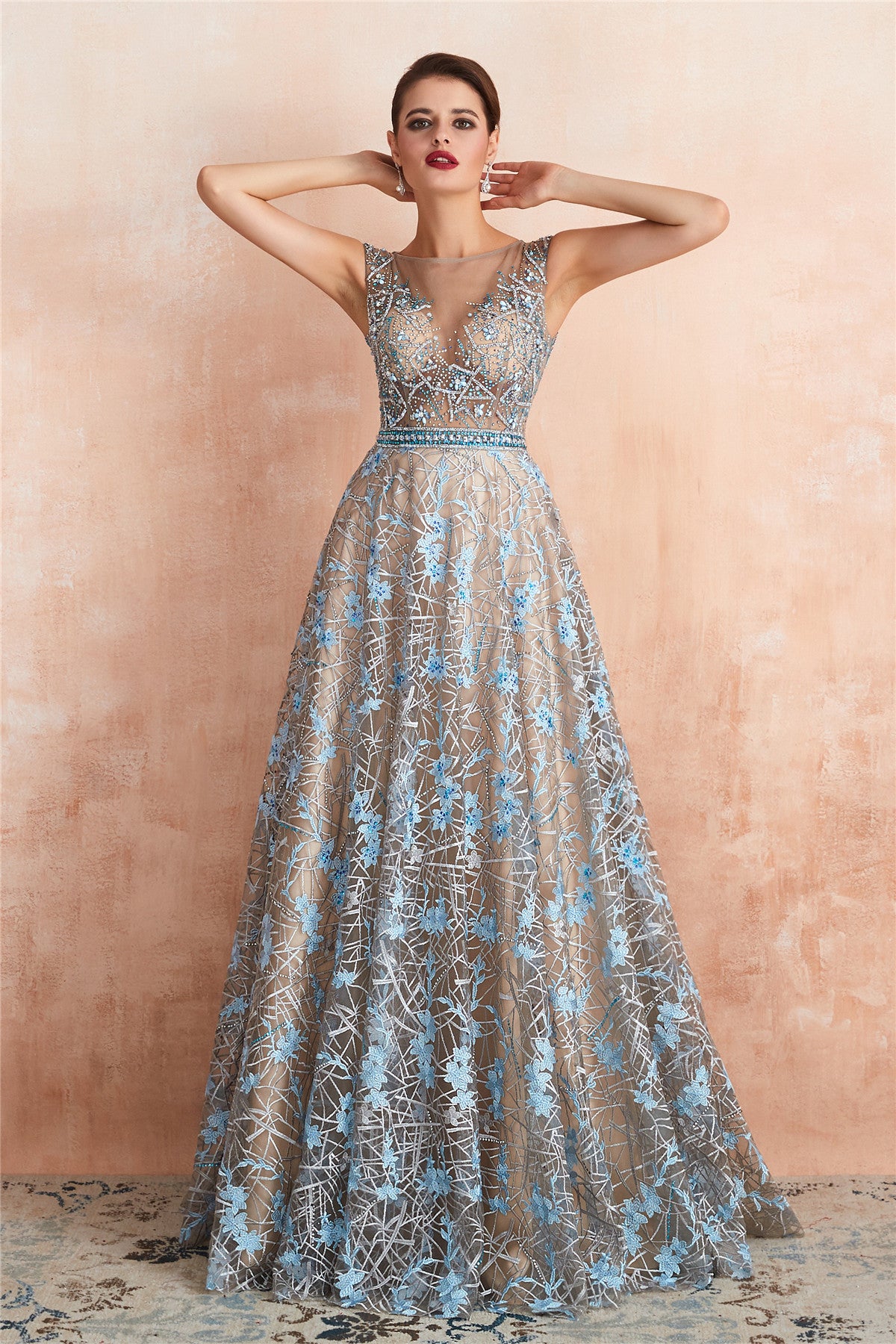 Sexy Sheer Floral Long Prom Dress with Crystals