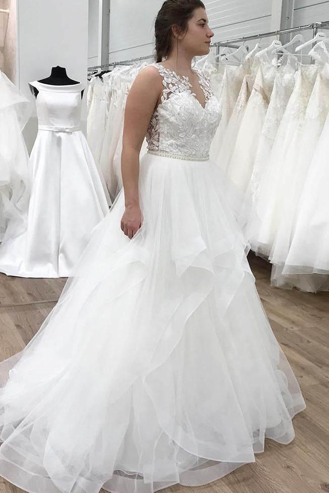 Long Ruffles A-line V-Neck White Wedding Dress with Lace