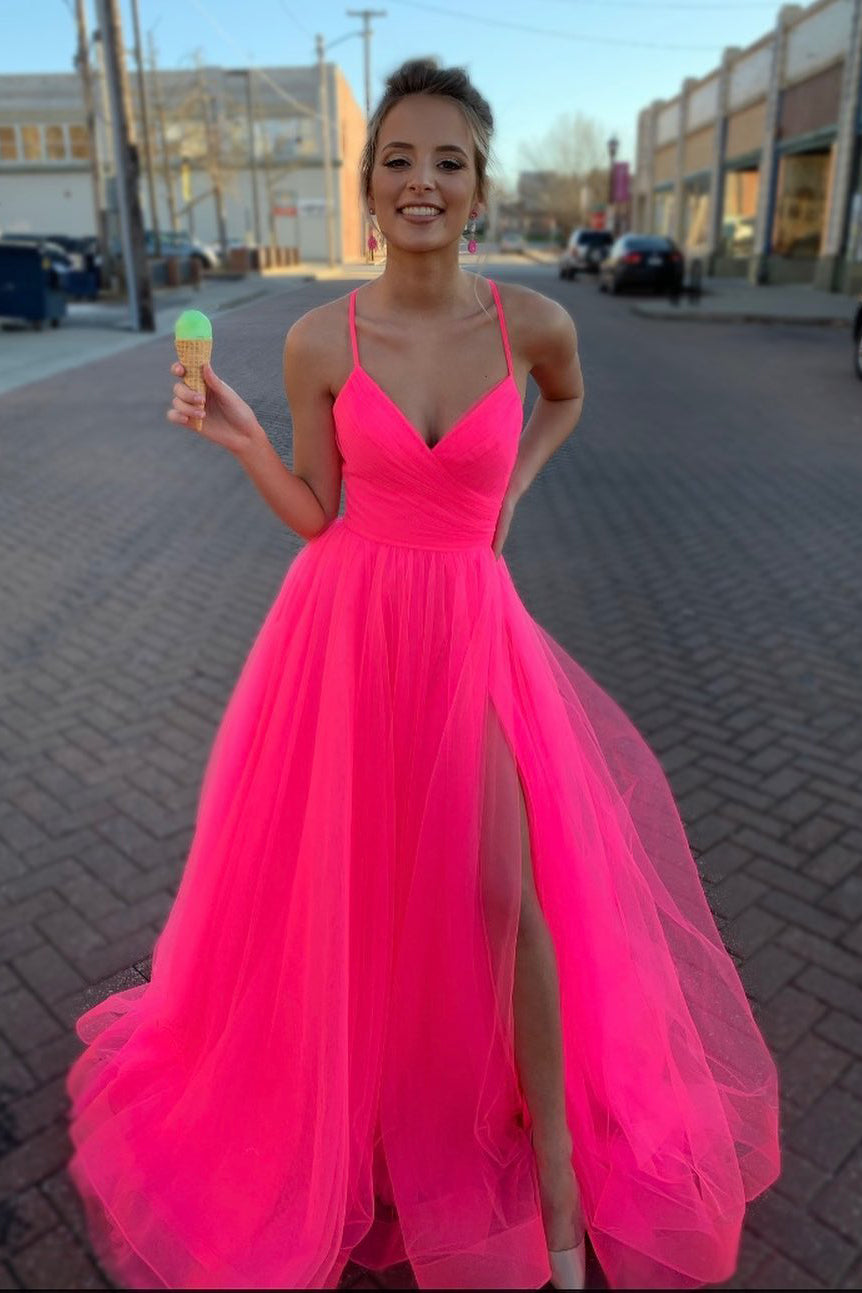 V Neck A-line Hot Pink Long Prom Dress with Lace-up Back – FancyVestido