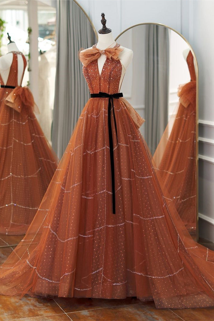 burnt orange formal dresses Crew Neck A-Line Dress with Sash Line Neckline Burnt Ombré Orange, Crisscross Back,