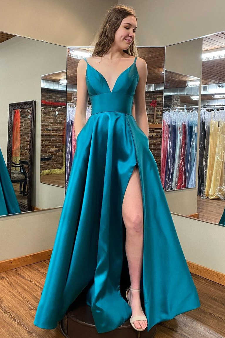 A-Line Side Slit Teal Long Prom Dress with Pockets – FancyVestido