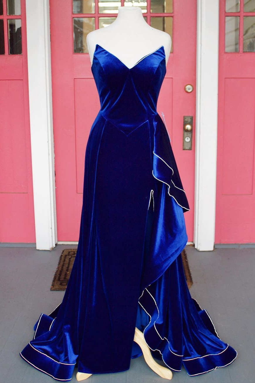 Asymmetrical Royal Blue Velvet Long Prom Dress