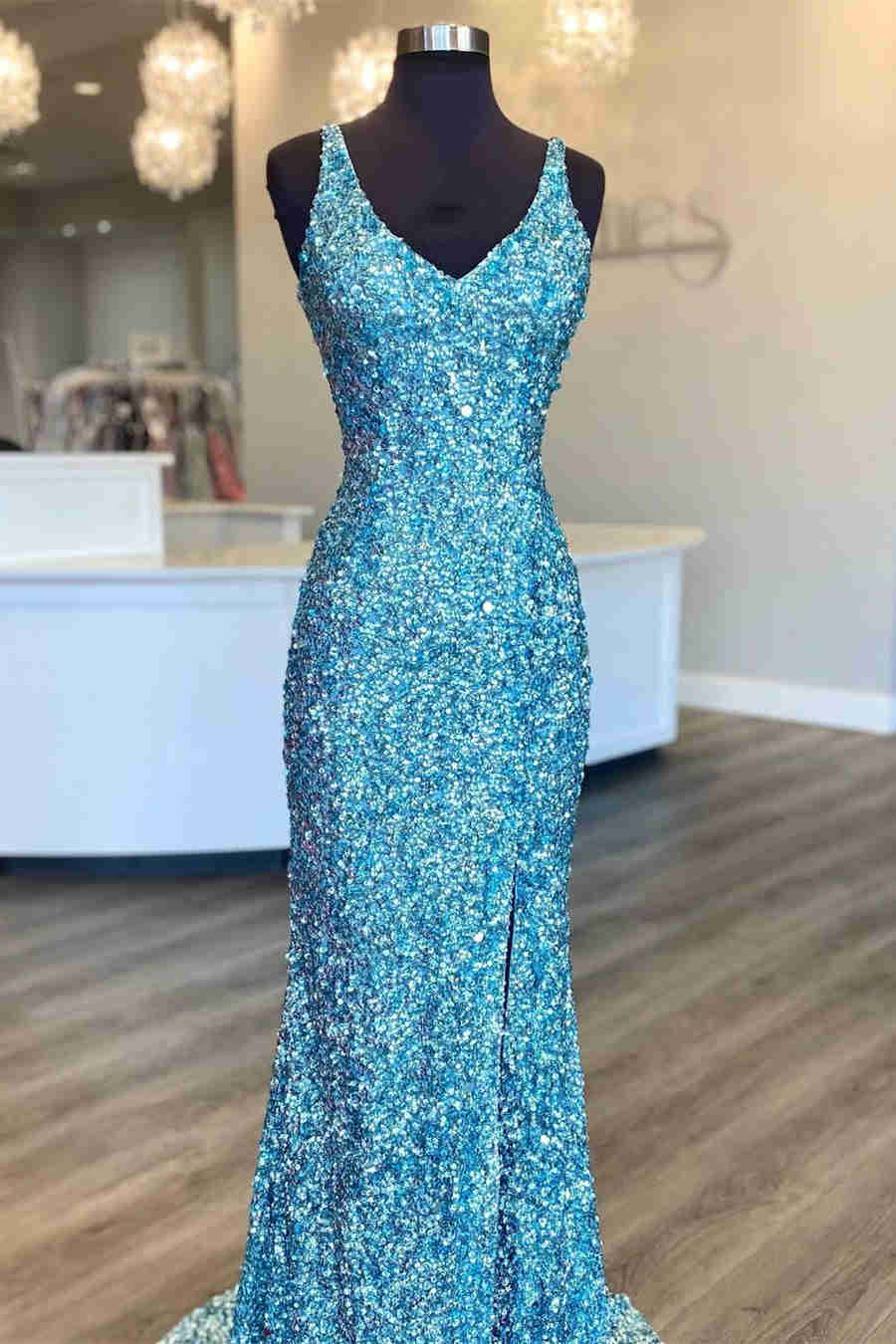tiffany blue sequin dress Glitter V-Neck Mermaid Prom Dreess Size:US16/UK20/EU48 Sexy modern scalloped illusion birthday gift for her Aerie Strapless Cut Out