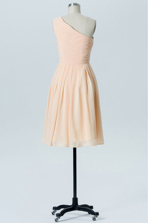 One Shoulder Pleated Short Peach Bridesamaid Dress