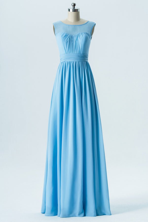 V-Back Sky Blue Pleated Bridesmaid Dress